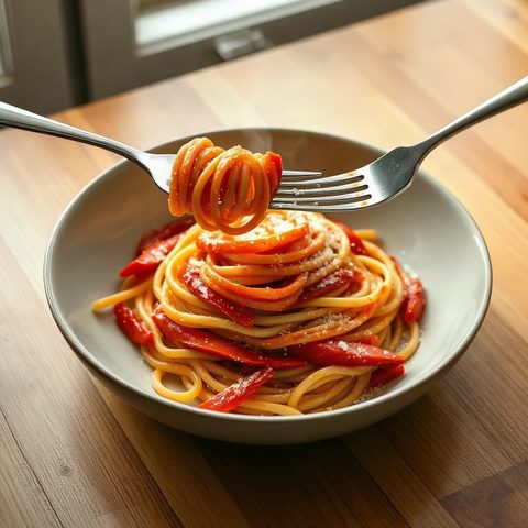 One-Pot Tempeh Spaghetti with Red Peppers and Mozzarella