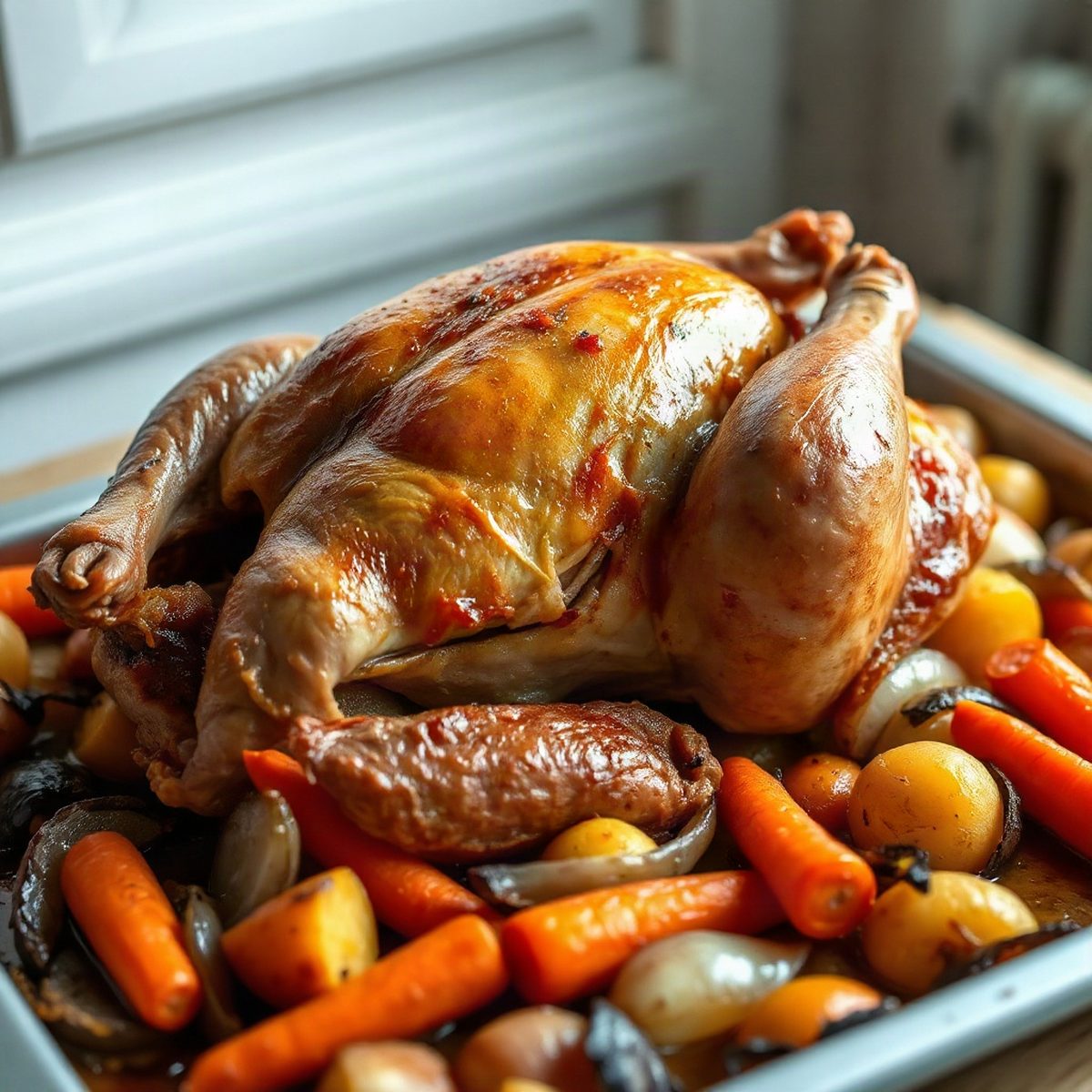 Poulet rôti aux carottes, oignons et pommes de terre
