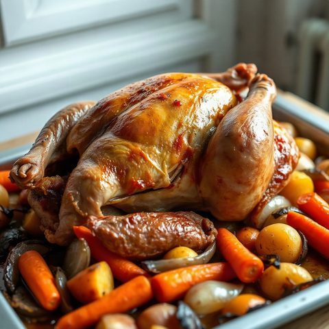 Roast chicken with carrots, onions and potatoes