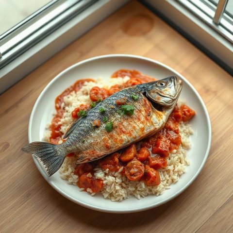 African Mackerel Braised in Tomato-Onion Sauce with Rice