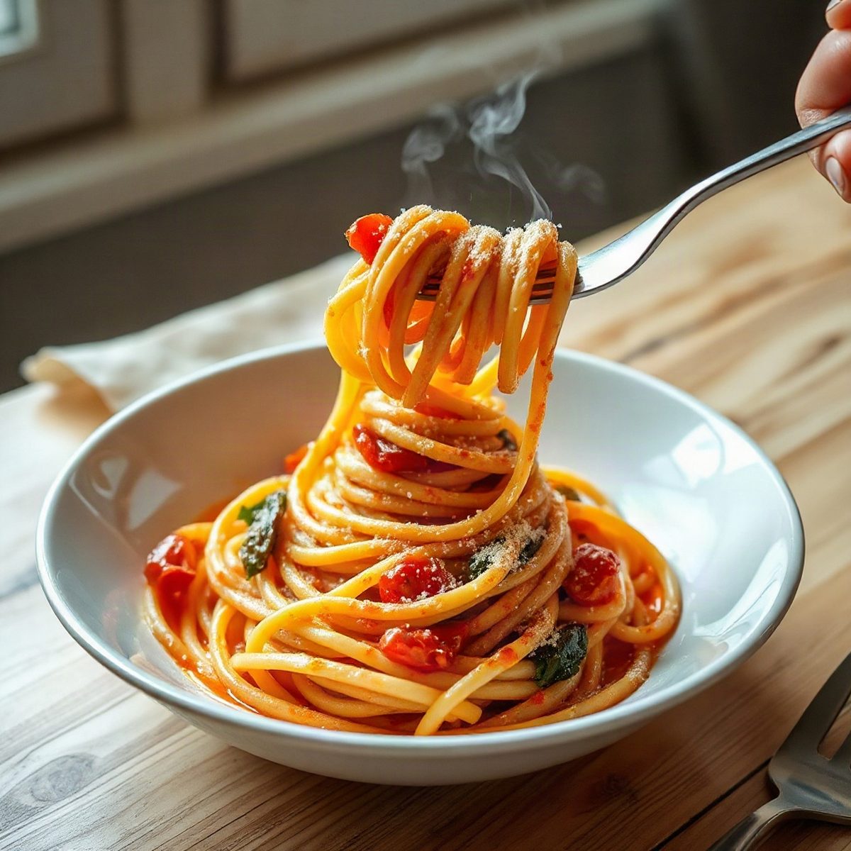 Shrimp spaghetti with tomatoes and spinach