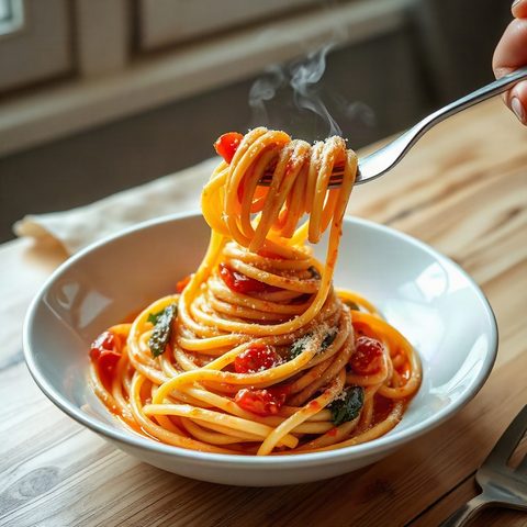 Shrimp spaghetti with tomatoes and spinach