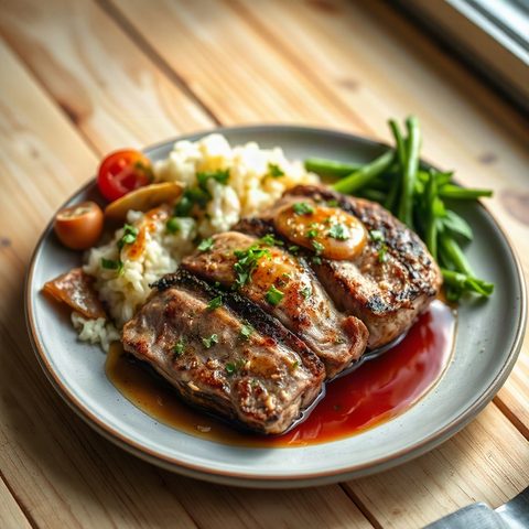 Pork cutlets with oyster mushrooms and rice