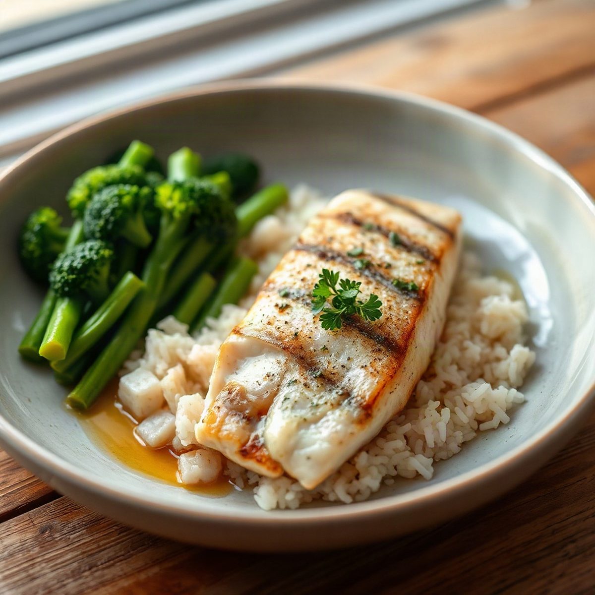 Saumon au beurre citronné, riz et brocoli