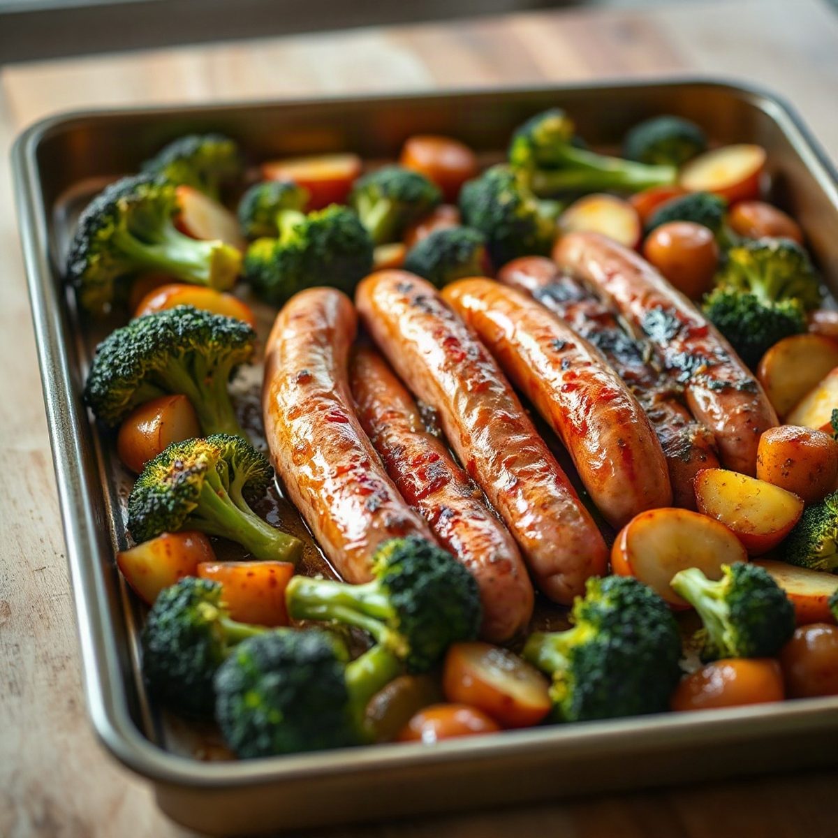 Plaque au four de saucisses fraîches, brocoli et pommes de terre