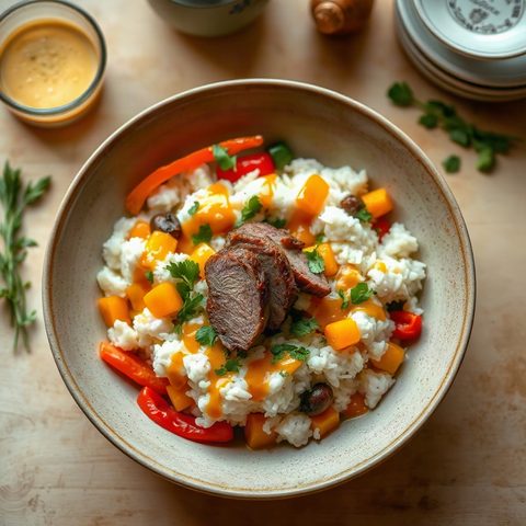 Ground Beef and Sautéed Pepper Rice Bowl
