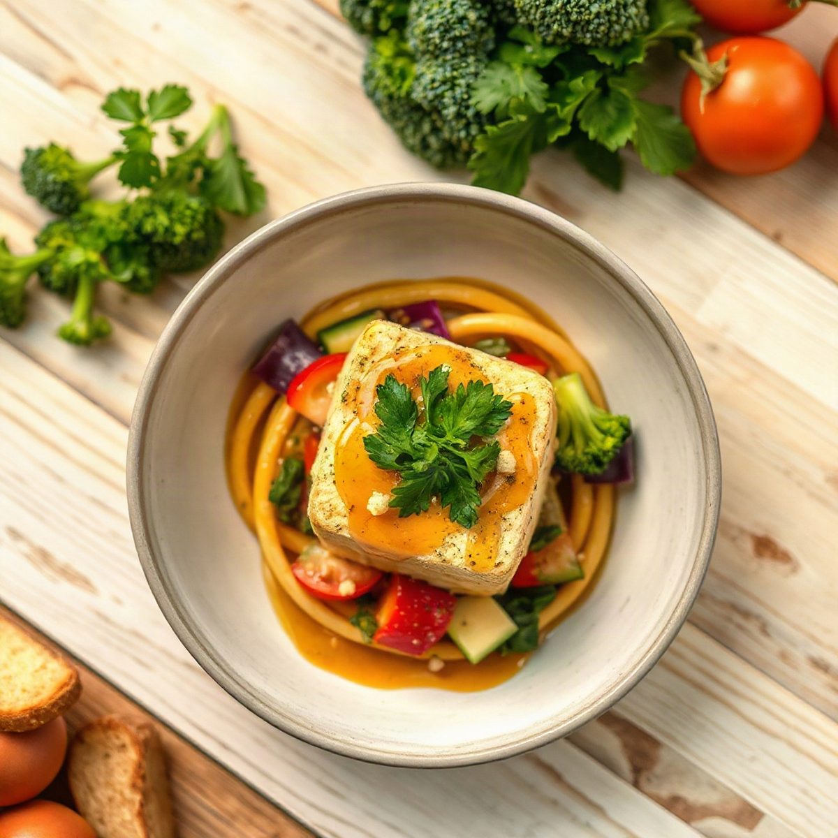 Tofu croustillant au brocoli, sauce soya-miel-sésame