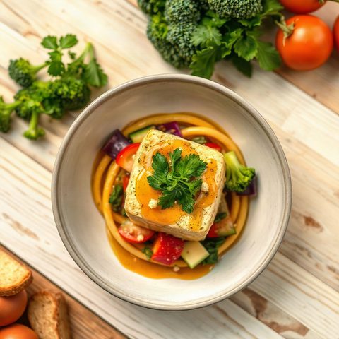 Tofu croustillant au brocoli, sauce soya-miel-sésame