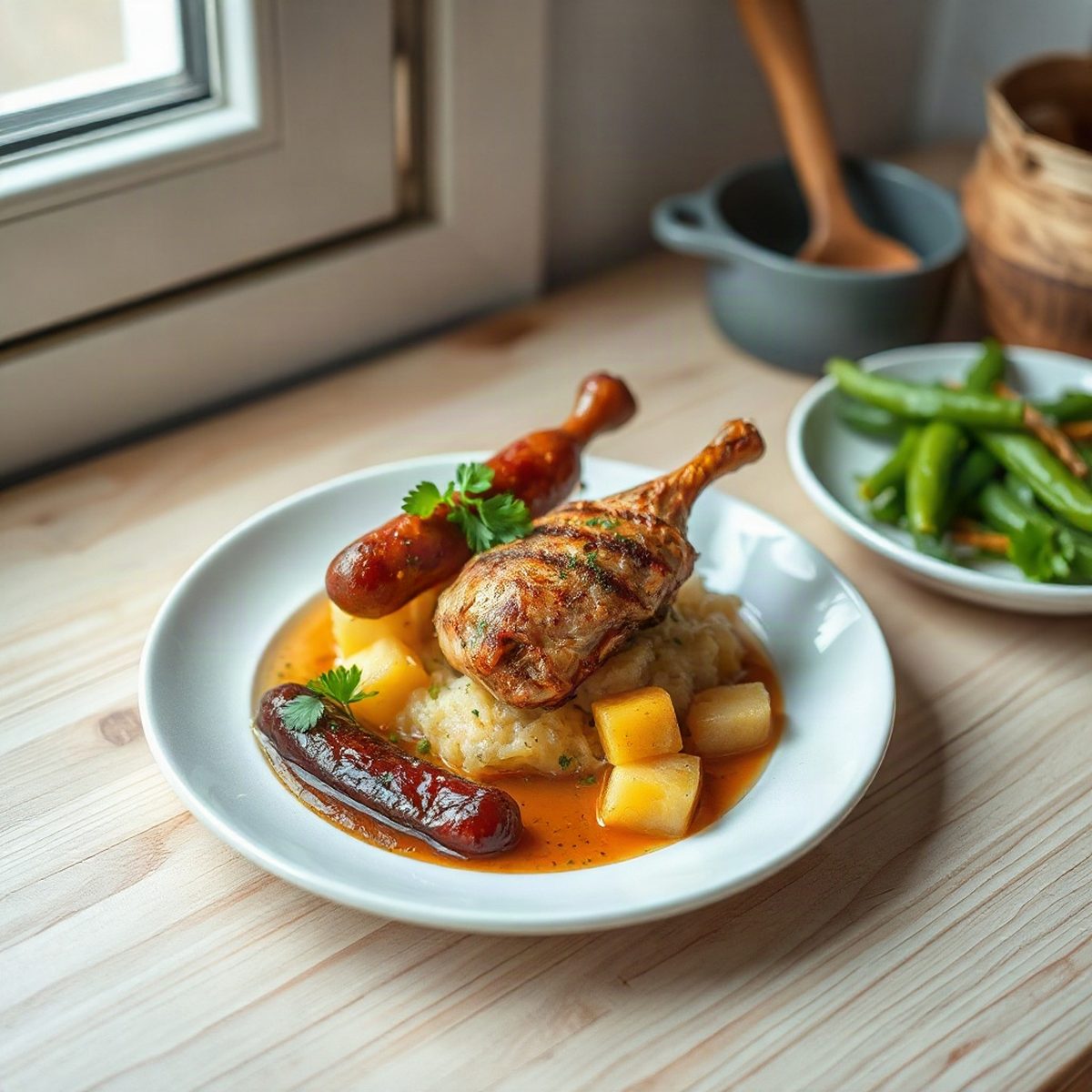 Gratin de pommes de terre aux saucisses fumées de poulet et Oka