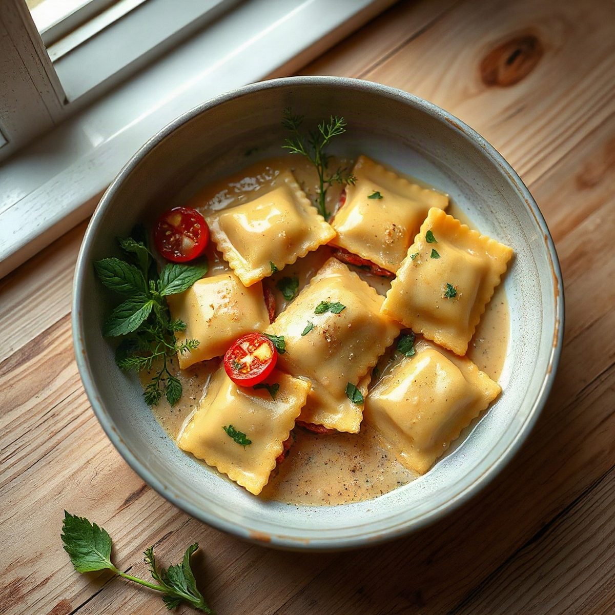 Raviolis farcis, sauce crémeuse aux poireaux et épinards