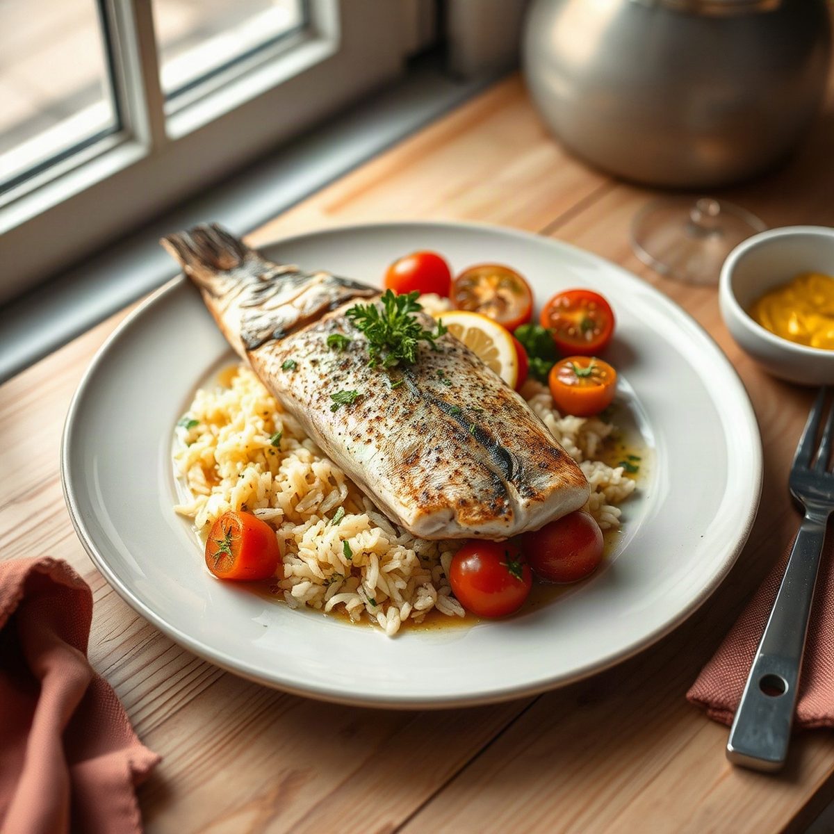 Daurade grise grillée au persil et citron, riz aux tomates
