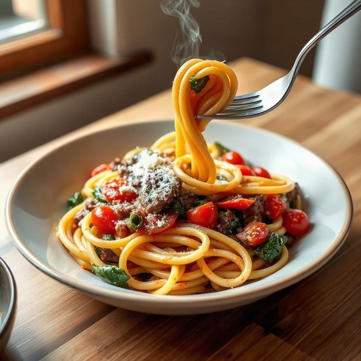 Pâtes au bœuf haché, tomates et épinards