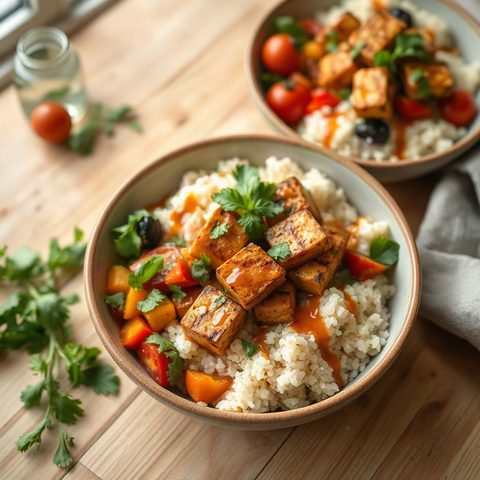 Bols de riz au tofu fumé grillé et tomates raisins