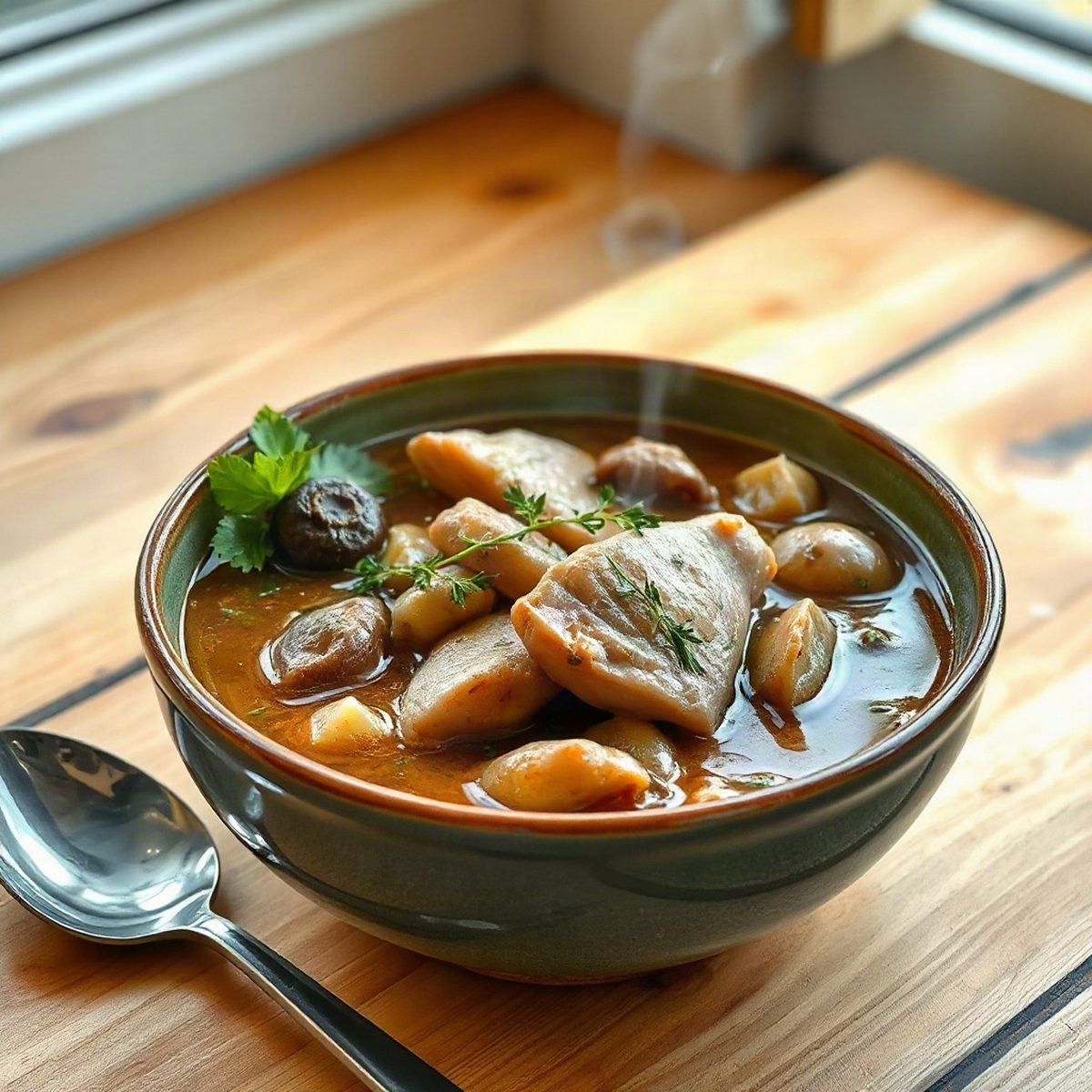 Mijoté de poulet aux poivrons verts et champignons