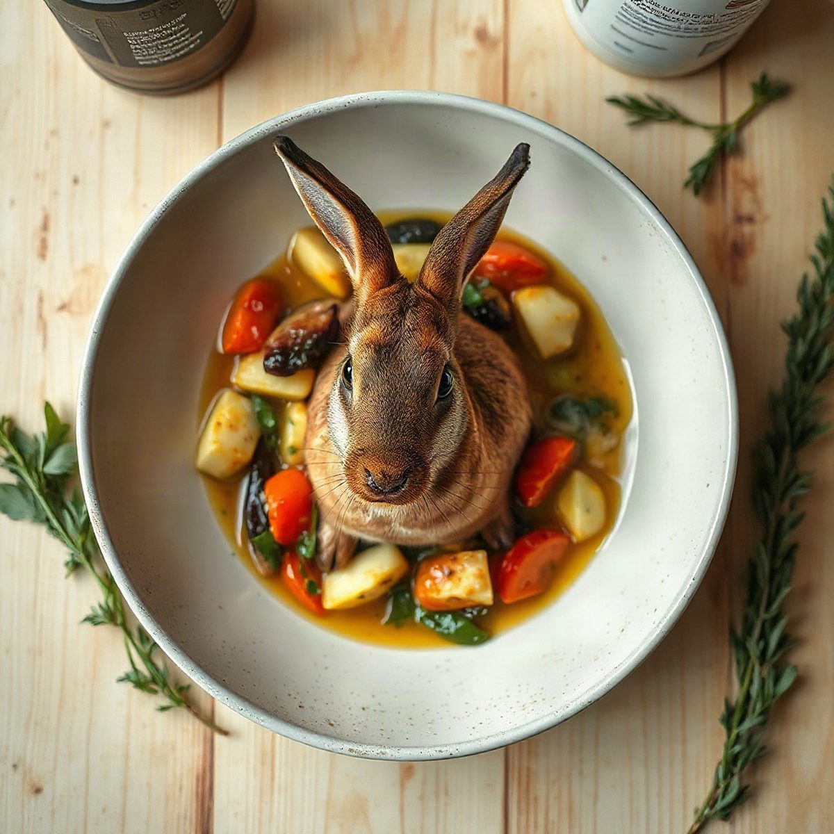 Lapin braisé à la moutarde et au thym, légumes racines