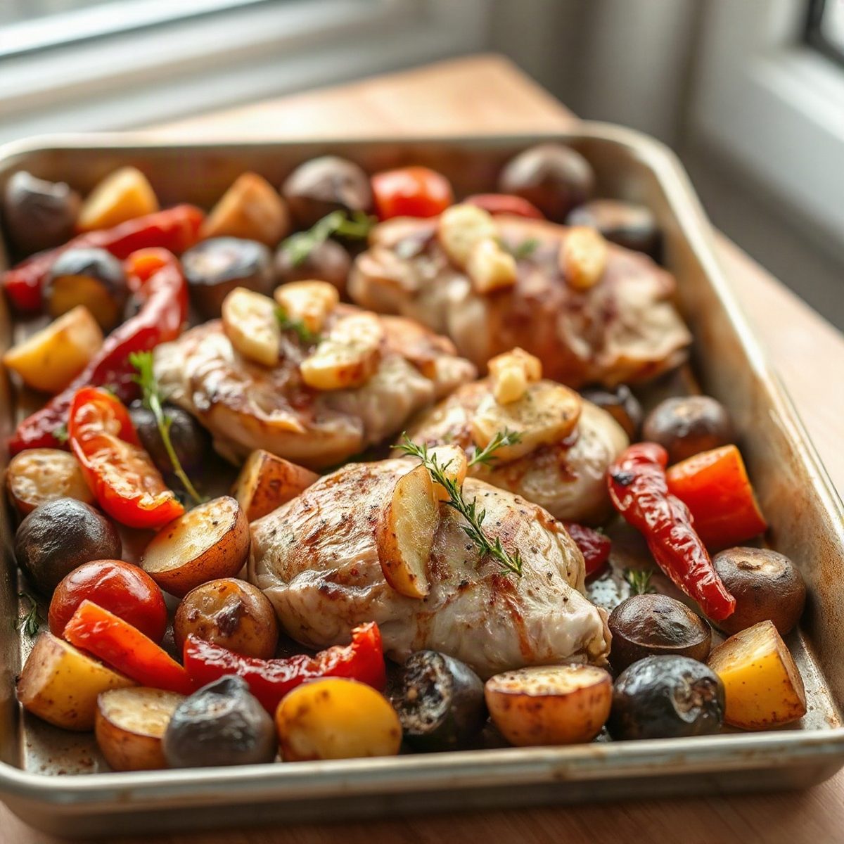 Poitrines de poulet à la Tomme du Haut-Richelieu, poivrons rouges et pommes de terre rôties