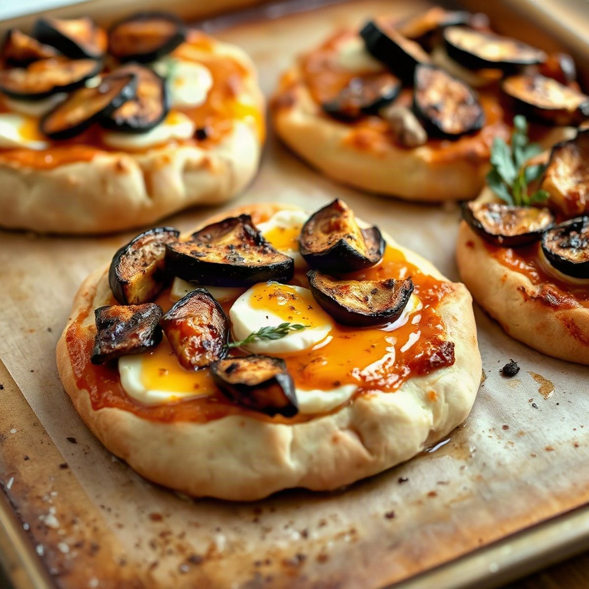 Pizzas sur pains kaiser au chèvre, aubergines rôties et miel