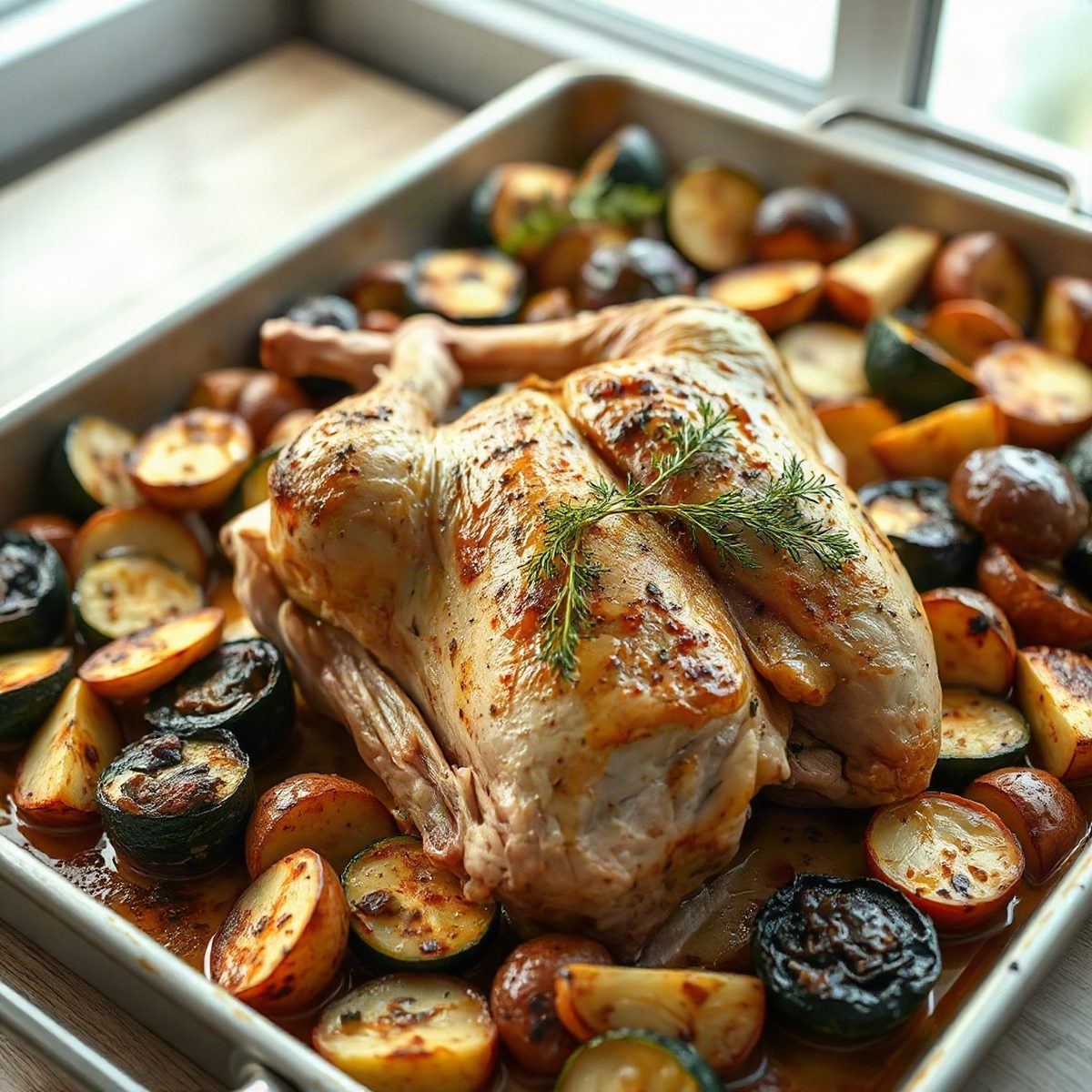 Poulet entier rôti aux courgettes et pommes de terre bleues