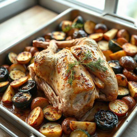 Poulet entier rôti aux courgettes et pommes de terre bleues