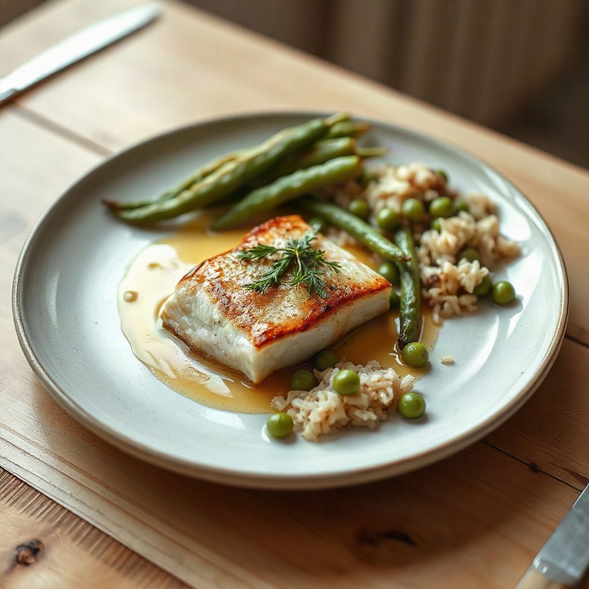 Vivaneau poêlé au beurre citronné, haricots verts et riz