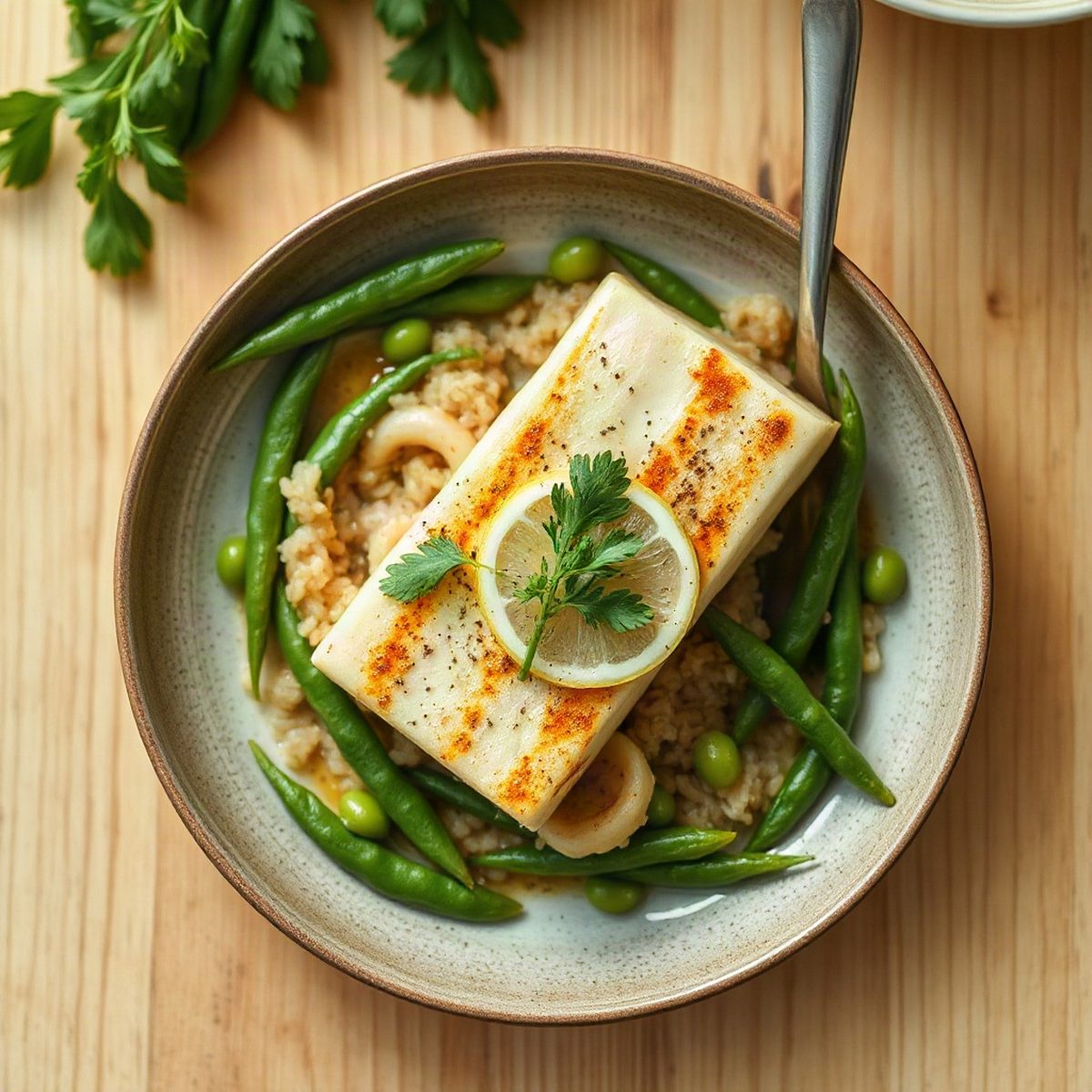 Vivaneau poêlé, haricots verts au citron et riz