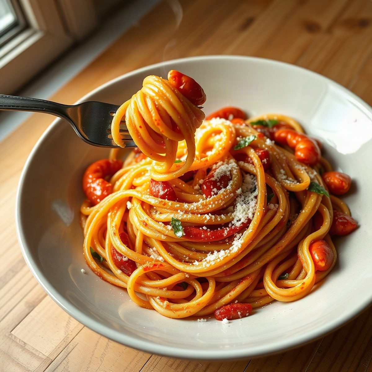 Spaghetti aux crevettes, poivrons rouges et épinards
