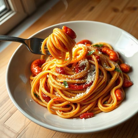 Spaghetti aux crevettes, poivrons rouges et épinards