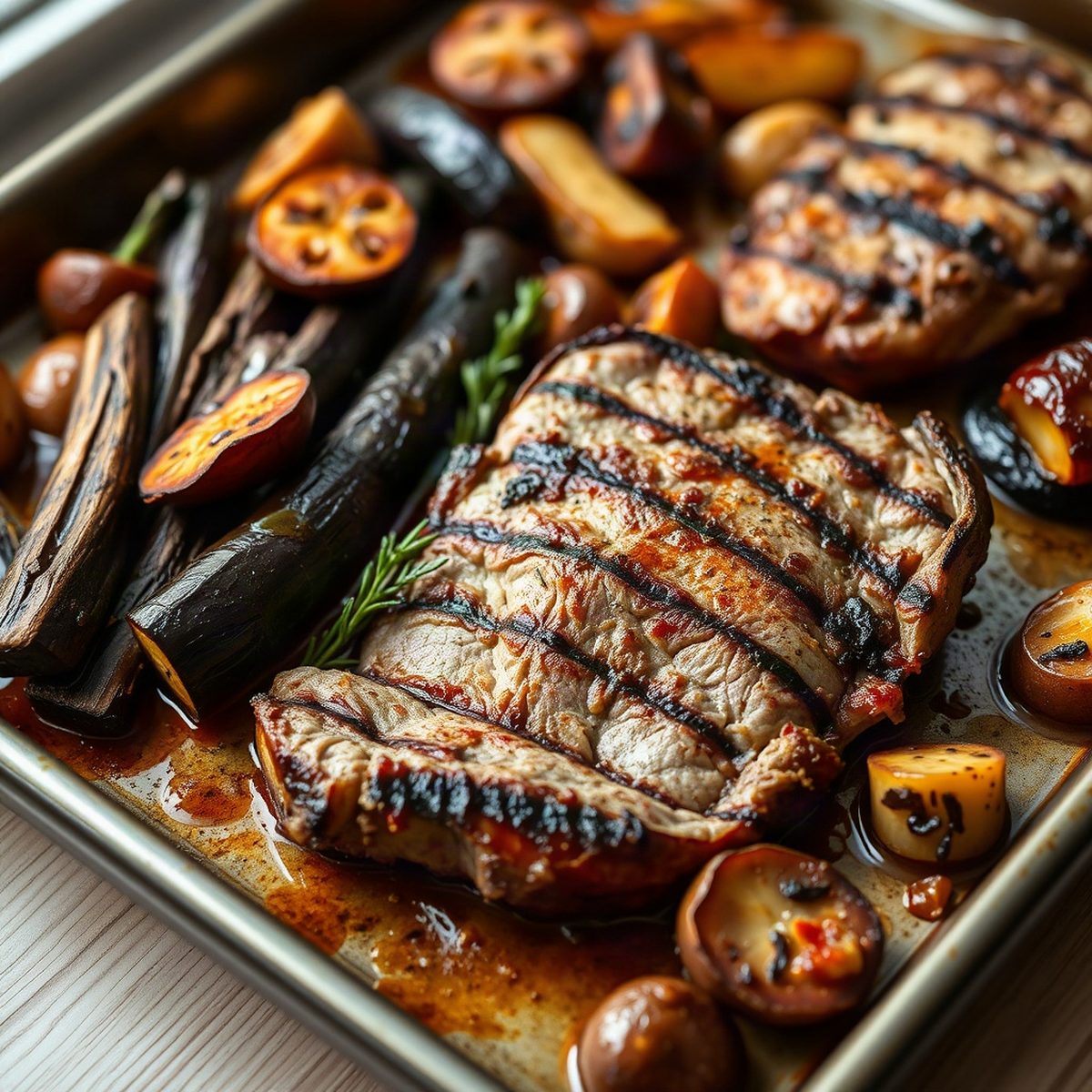 Filet de porc grillé, aubergines rôties et pommes de terre