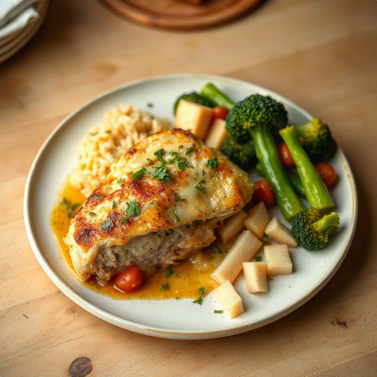 Gratin de poulet, brocoli et riz au cheddar
