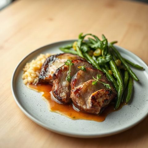 Côtelettes de porc poêlées, chou nappa à l'ail et riz