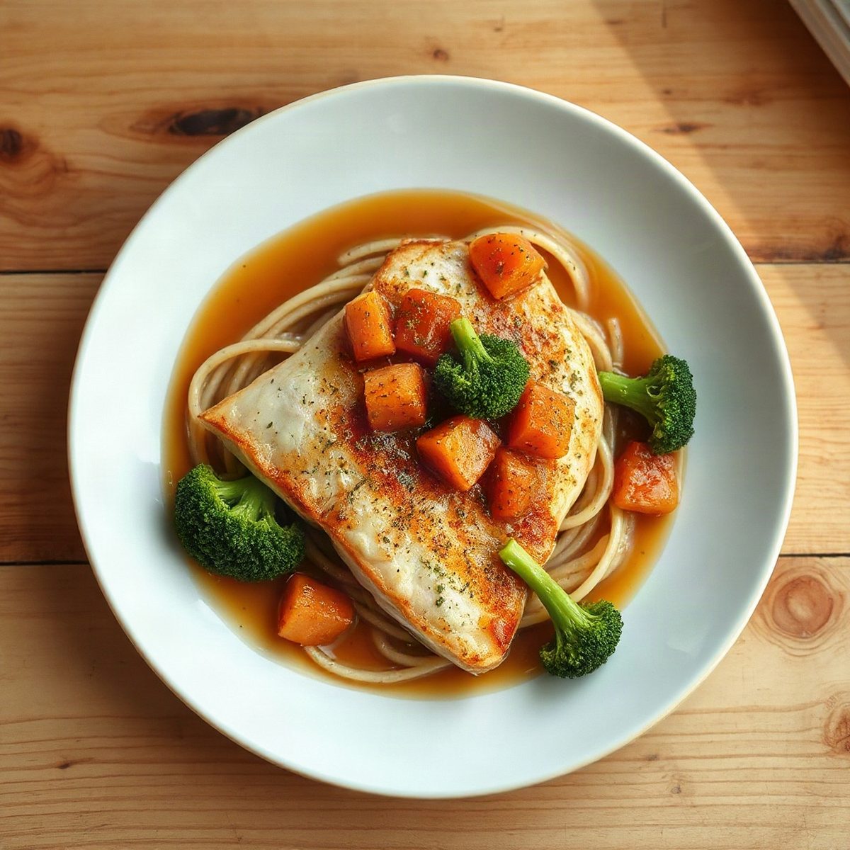 Tilapia rouge entier poêlé, brocoli et sauce soya-citron