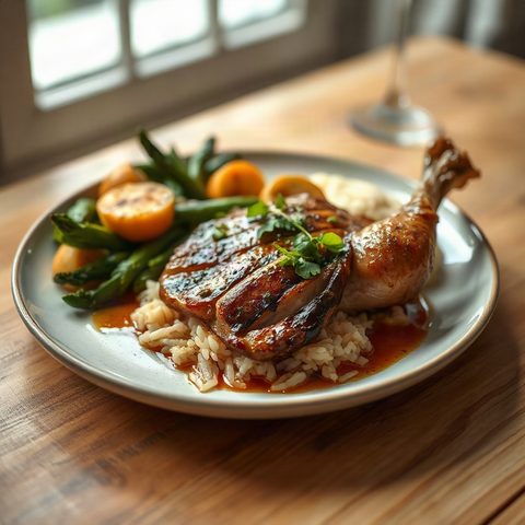 Braised chicken drumsticks with nappa cabbage and rice