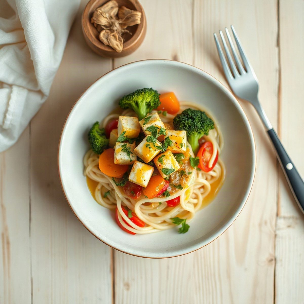 Bol de vermicelles au tofu croustillant et brocoli