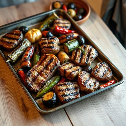 Grilled Pork Chops with Roasted Eggplant and Red Peppers