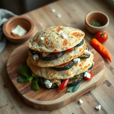 Roasted Eggplant Pitas with Legumes and Goat Cheese