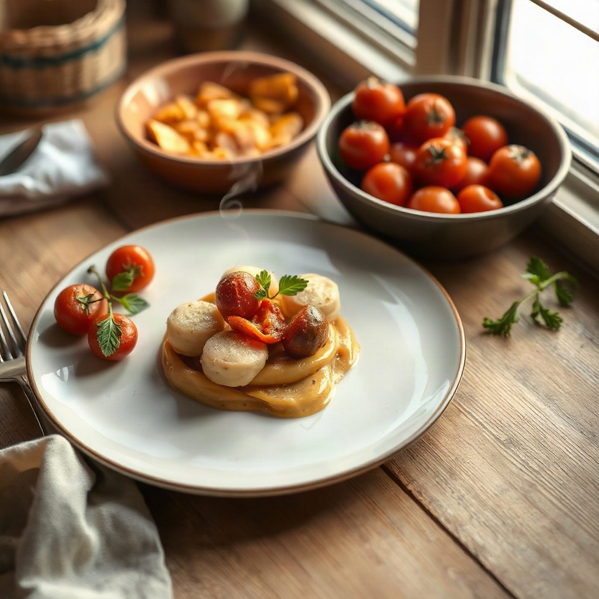 Merlan poêlé, aubergine fondante et tomates en grappes