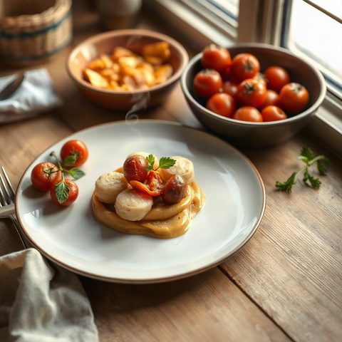 Merlan poêlé, aubergine fondante et tomates en grappes