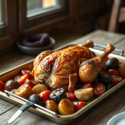 Whole Roasted Chicken with Red Tomatoes, Lemon and Potatoes