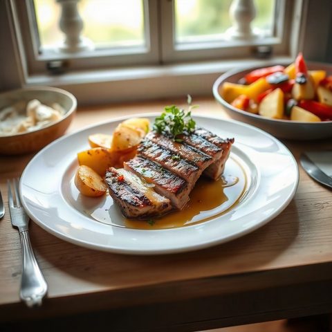 Honey-Mustard Pork Chops with Grilled Peppers and Apples