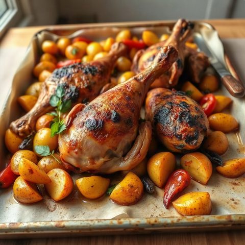 Cuisses de poulet rôties à la grecque, pommes de terre et poivrons