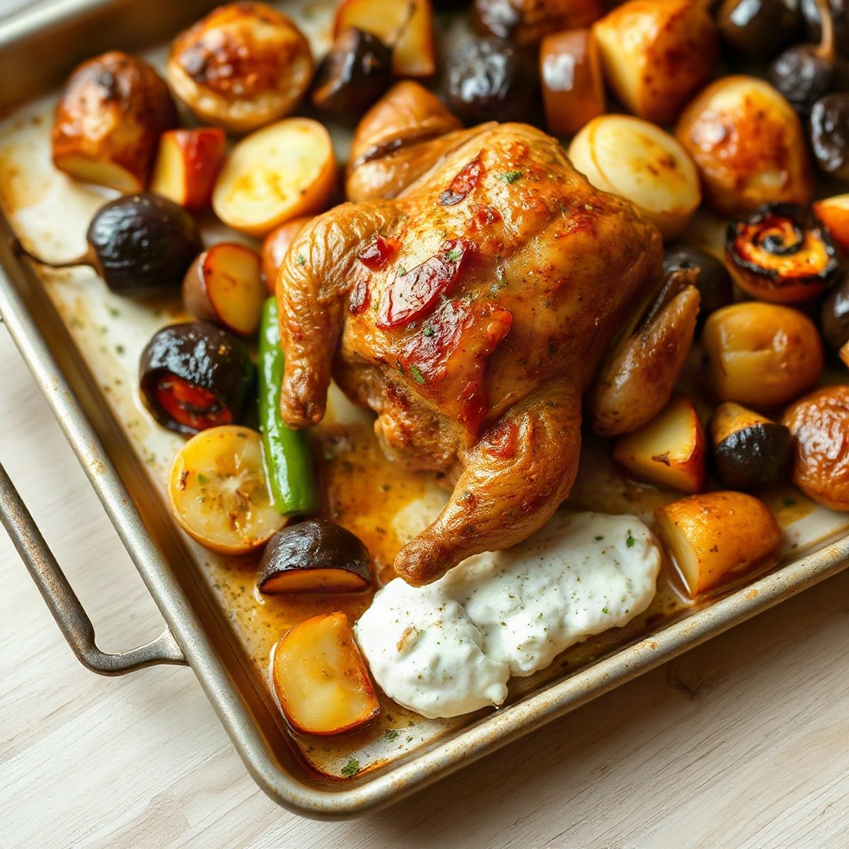 Poulet entier rôti aux piments cubanelle et pommes de terre