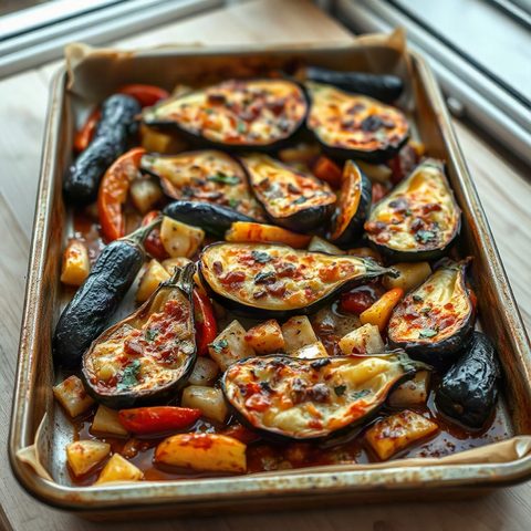 Baked Pasta with Roasted Eggplant and Peppers