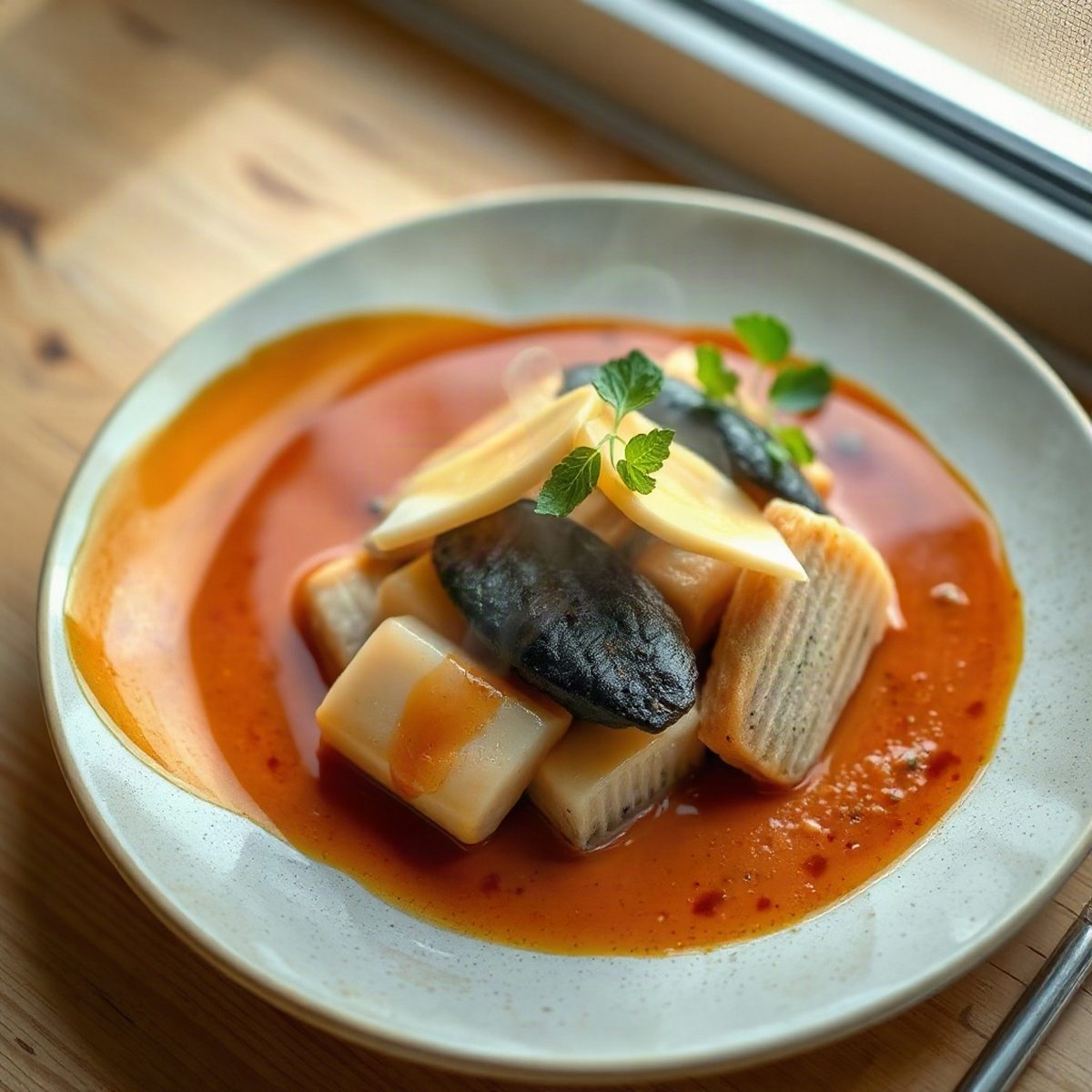 Merlan poêlé, chou nappa croquant à l'ail et sauce soya