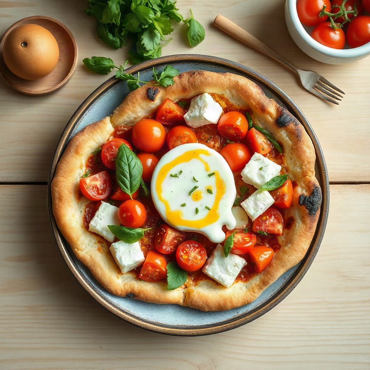Pizzas plates au brie, poivrons et tomates