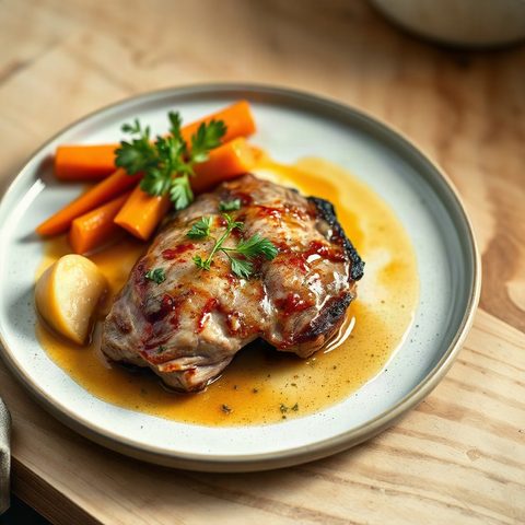 Côtes de porc braisées au miel et paprika fumé, rutabaga et carottes