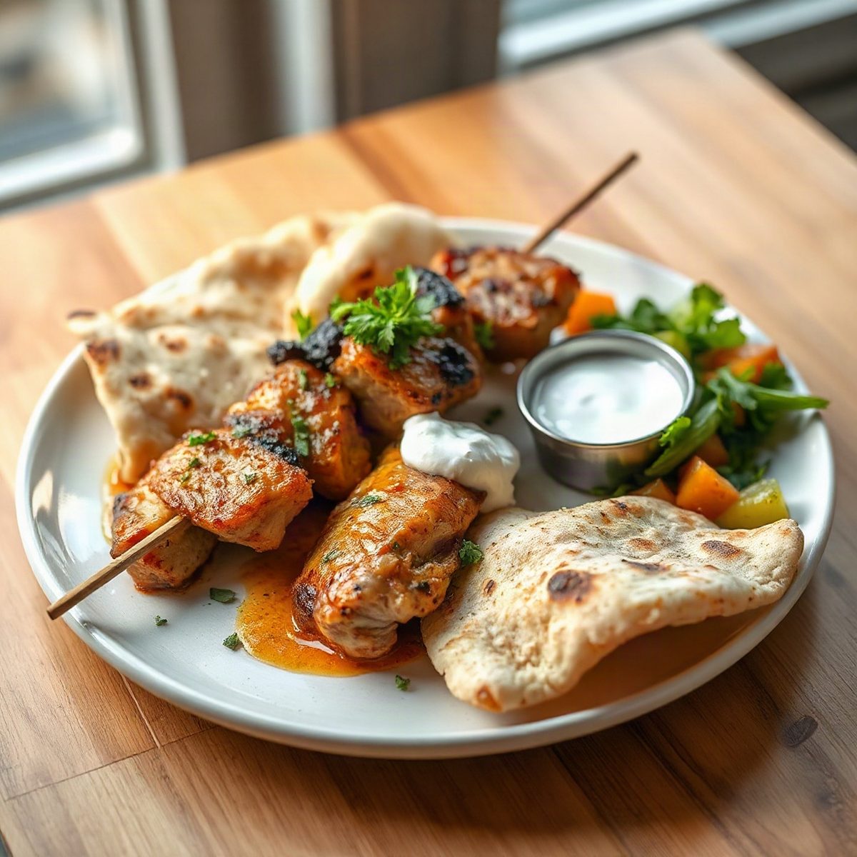 Poulet souvlaki sur naan et sauce au yogourt grec