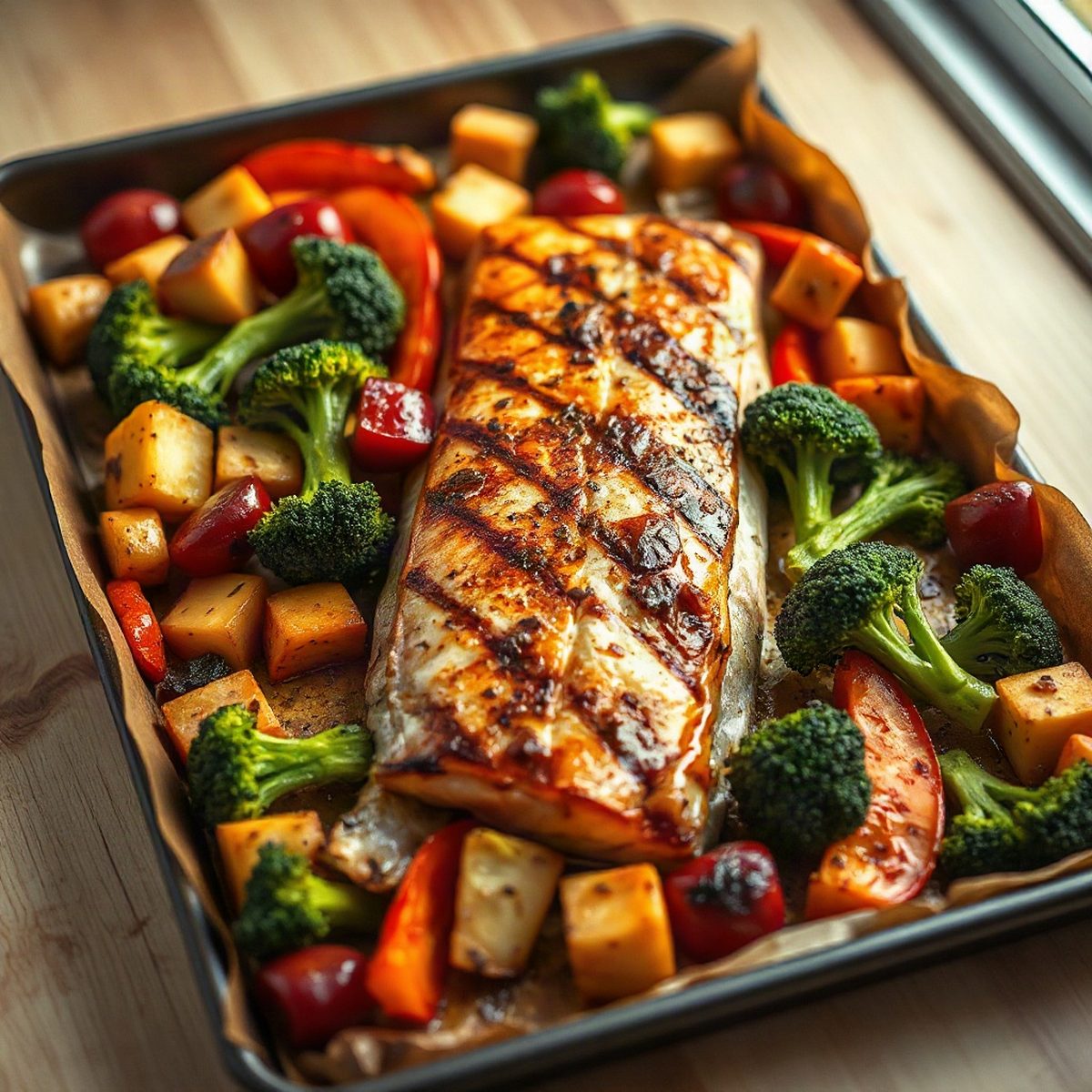 Saumon rose grillé, salsa de poivrons rôtis et brocoli