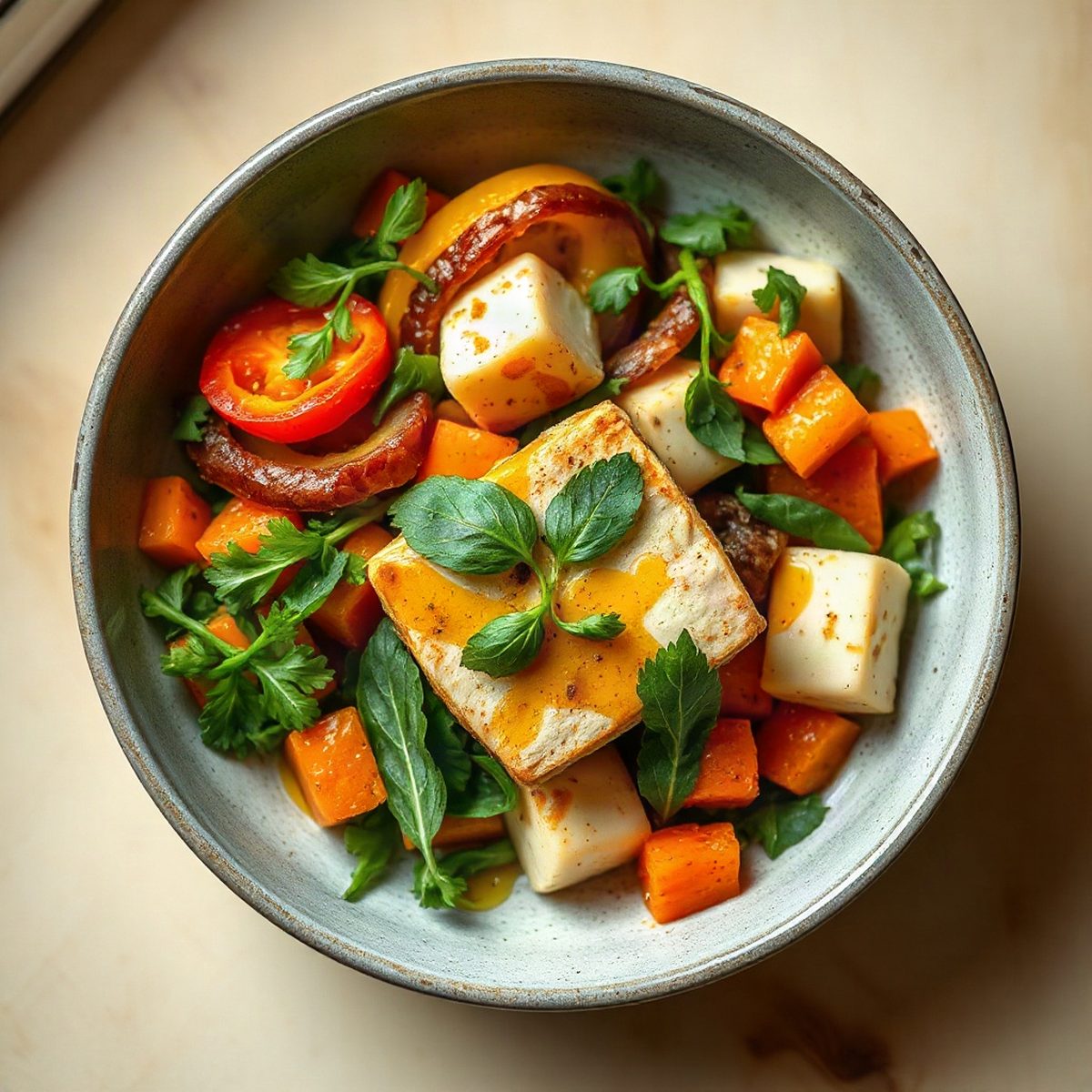 Crispy tofu with green cabbage and carrots