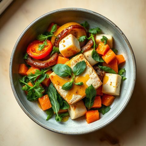 Tofu croustillant au chou vert et aux carottes