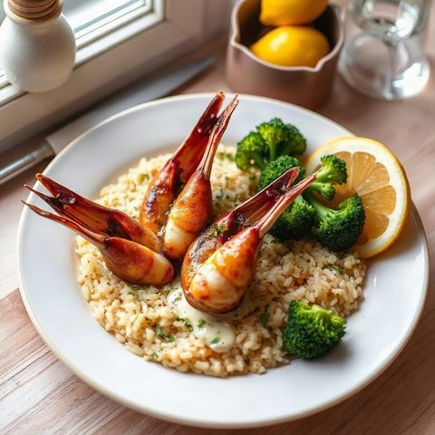 Crevettes sautées à l'ail et brocoli, riz au citron